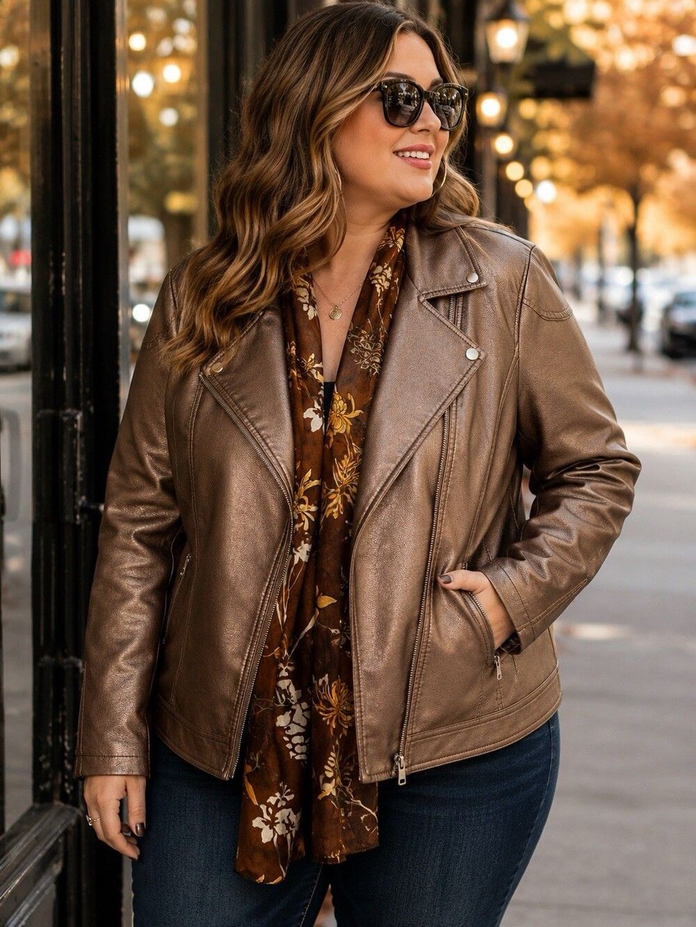 Royalty For Me 2X Bronze Faux Leather Moto Jacket w/ Floral Scarf Plus Size